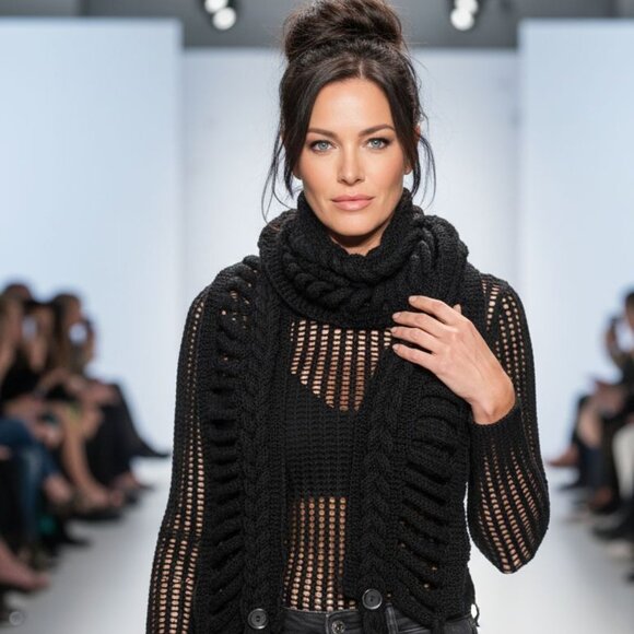 New Handmade distressed braided knit scarf with fringes, black - Picture 5 of 6